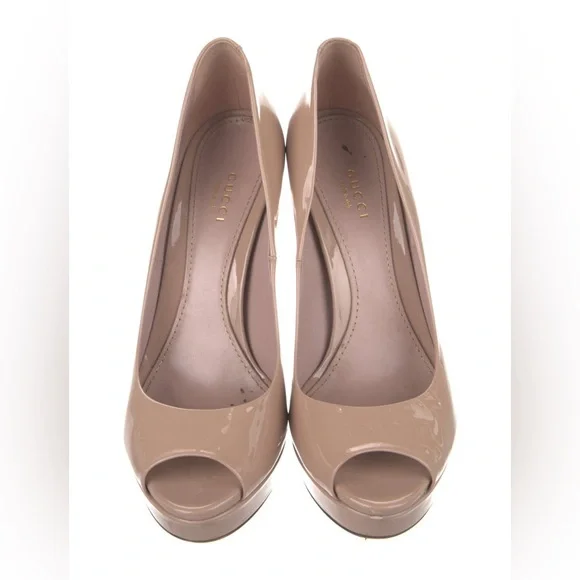 Gucci Beige Patent Leather Peep Toe Stiletto Heels Size 9 - Picture 4 of 6